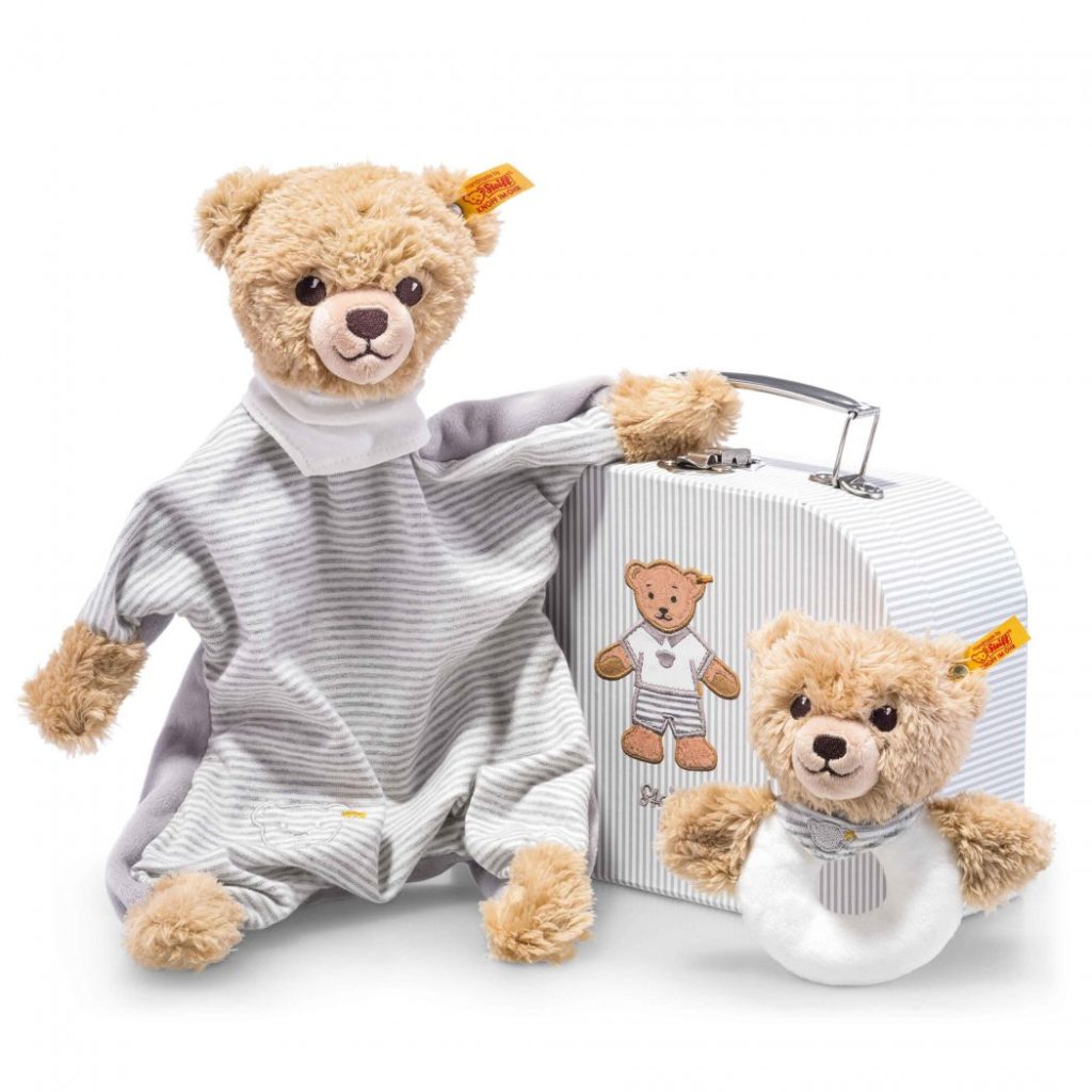 Sleep Well Bear Gift Set - Comforter & Grip Toy Rattle - Steiff Babyworld - Grey, 20cm
