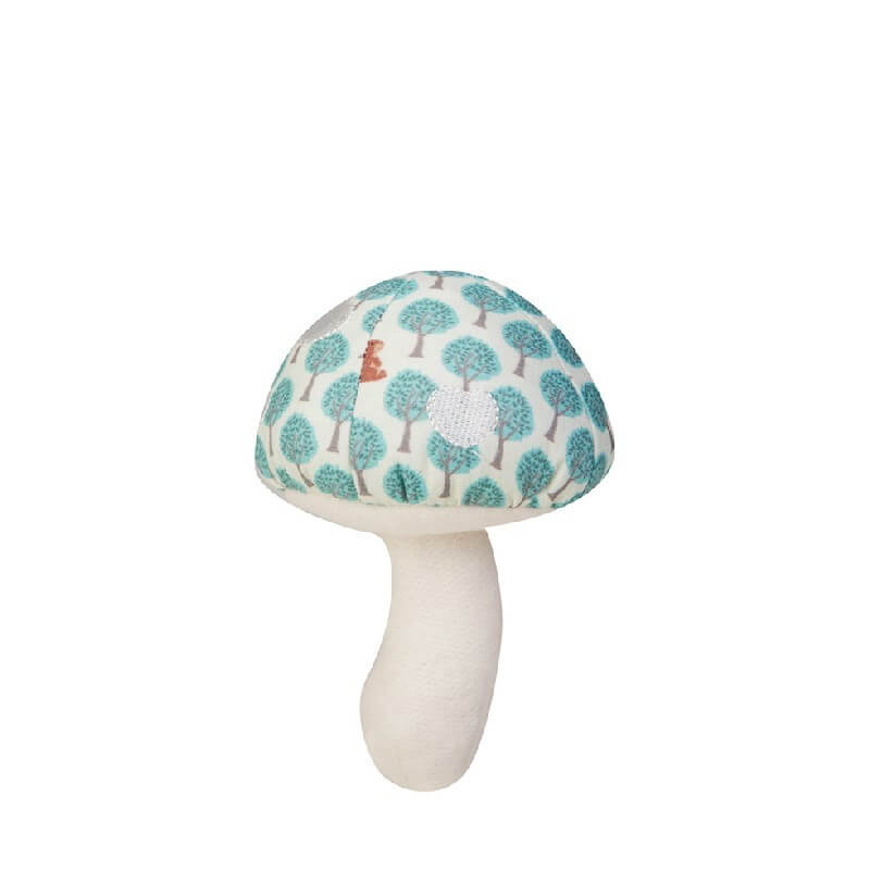 Mushroom Organic Cotton Rattle - Blue Forest Print - Apple Park